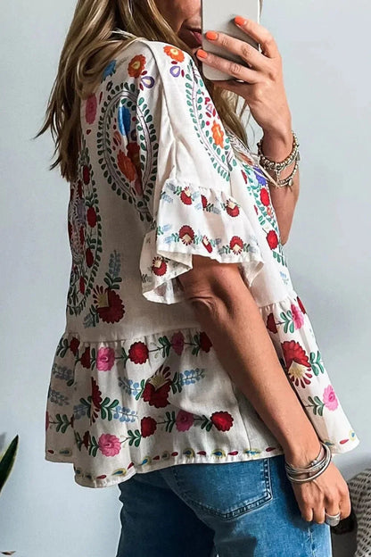 Floral Print Round Neck Ruffle Trim Blouse - VILLA FASHION