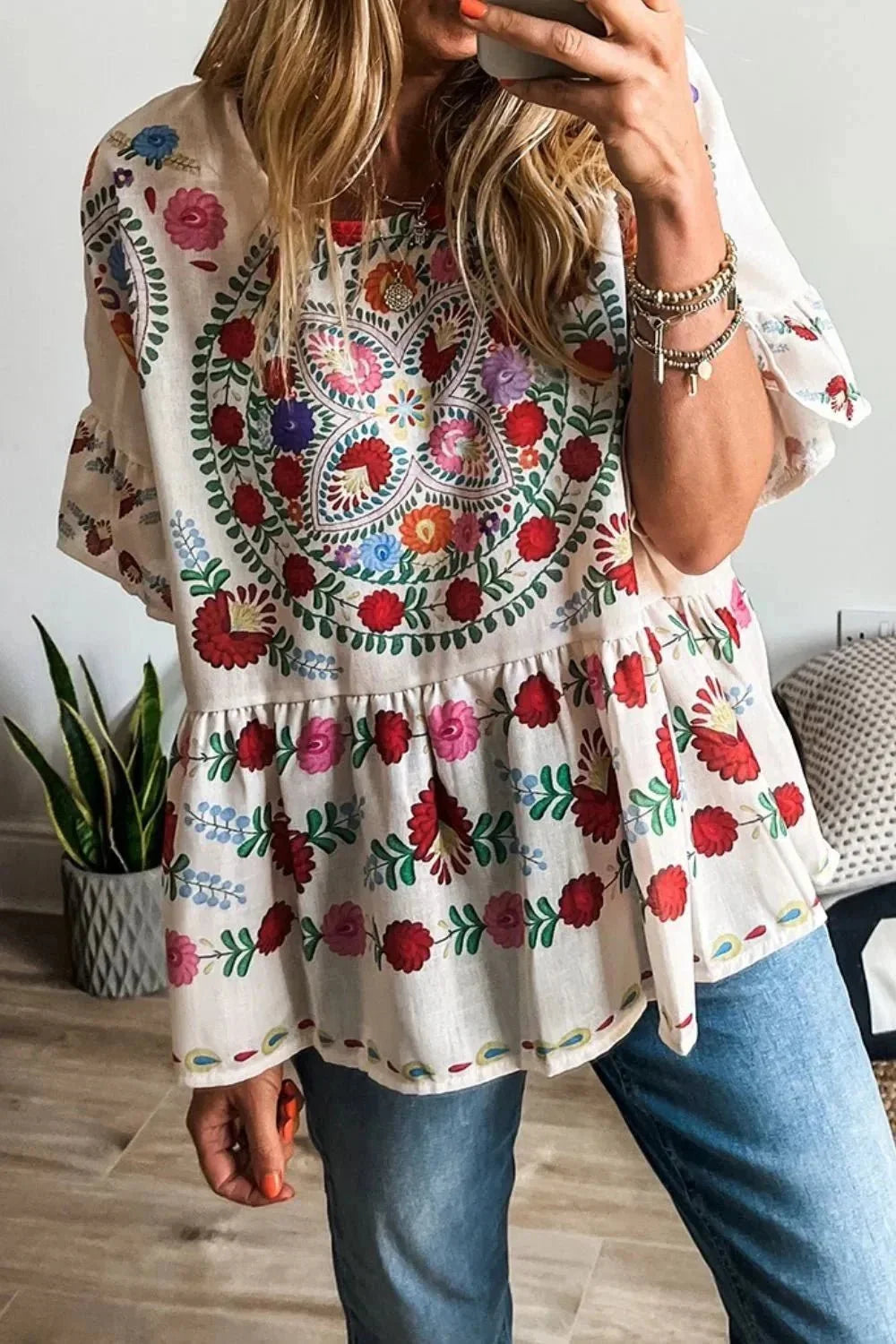 Floral Print Round Neck Ruffle Trim Blouse - VILLA FASHION