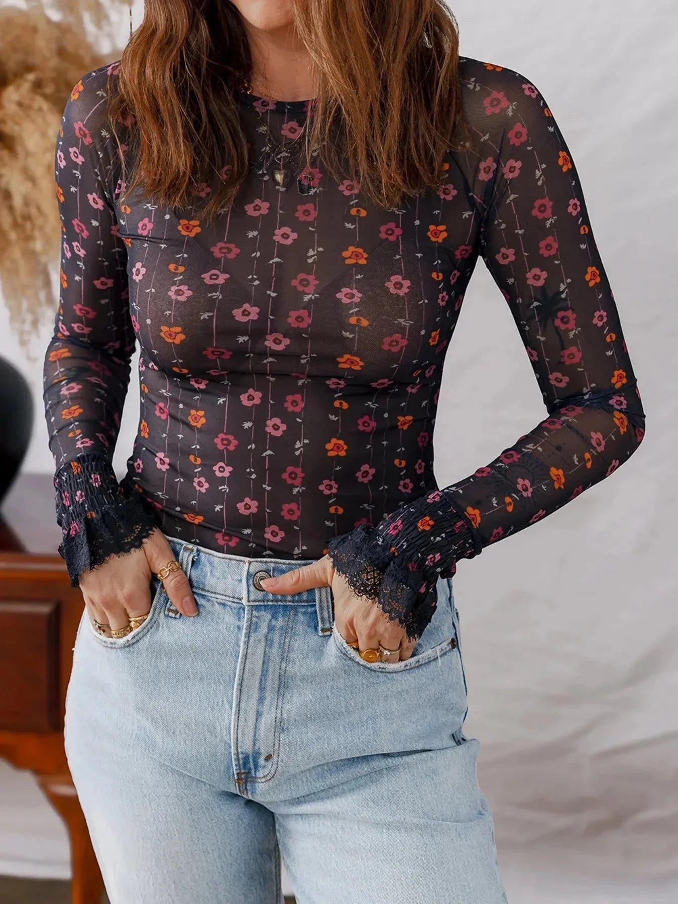 Floral Print Smocked Cuff Slim Fit Mesh Bodysuit - VILLA FASHION