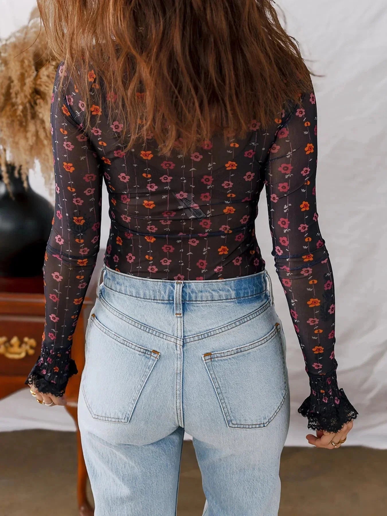 Floral Print Smocked Cuff Slim Fit Mesh Bodysuit - VILLA FASHION