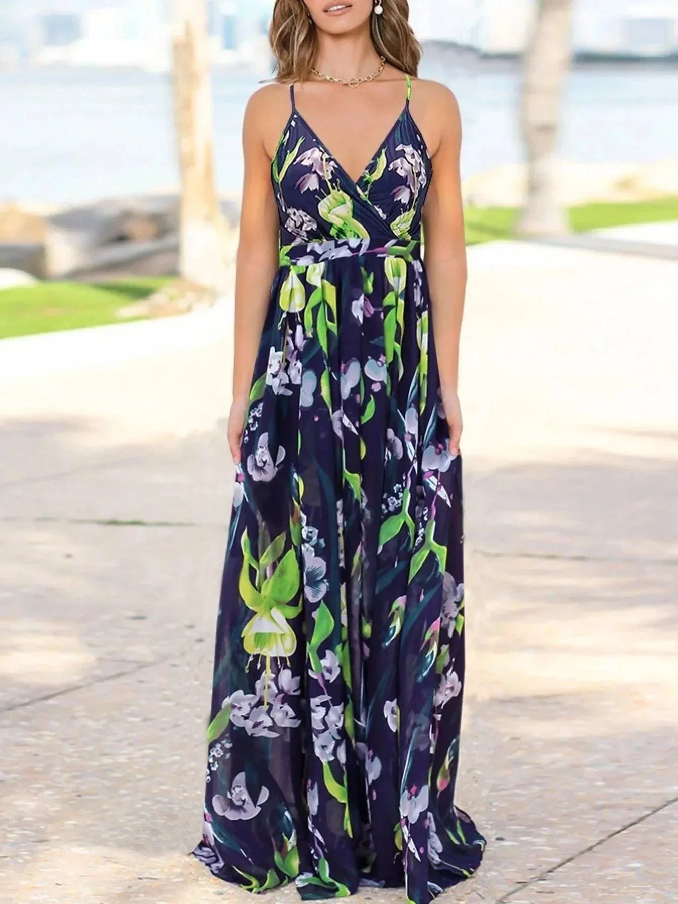 Floral Print Spaghetti Strap Maxi Dress - VILLA FASHION