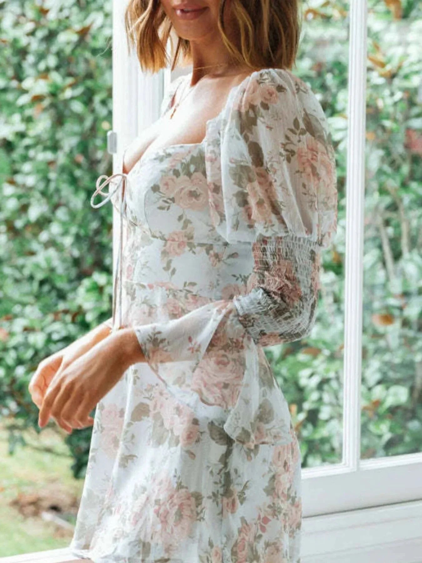 Floral Print Sweetheart Neck Mini Dress - VILLA FASHION