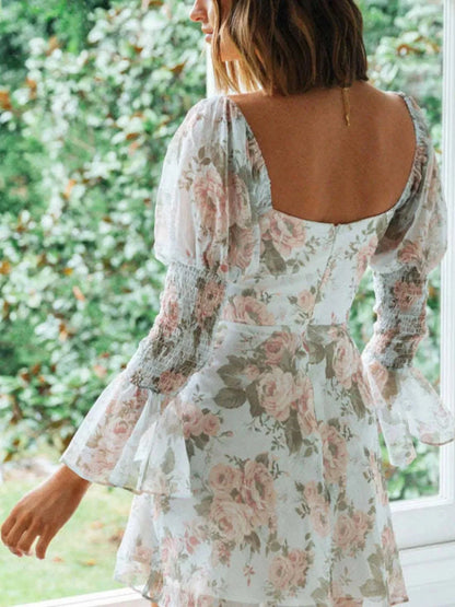 Floral Print Sweetheart Neck Mini Dress - VILLA FASHION