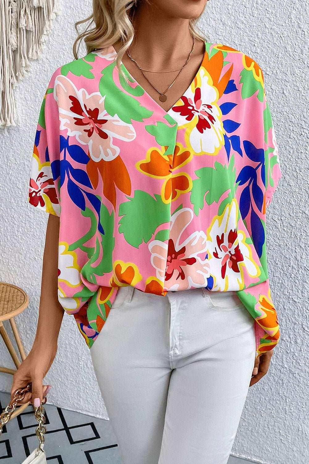 Floral Print V - Neck Short Raglan Sleeve Blouse - VILLA FASHION