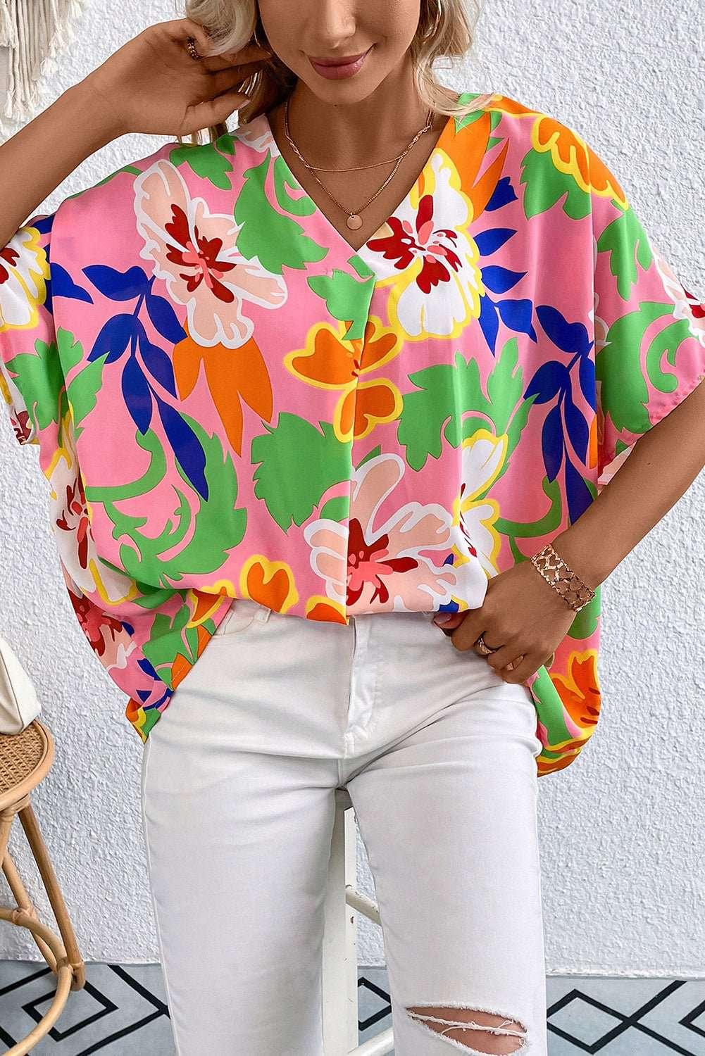 Floral Print V - Neck Short Raglan Sleeve Blouse - VILLA FASHION