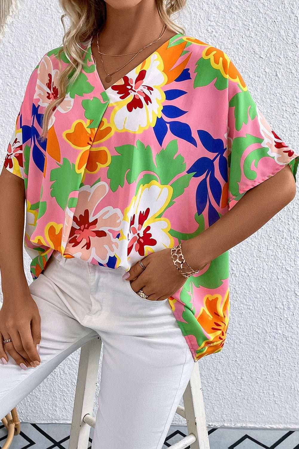 Floral Print V - Neck Short Raglan Sleeve Blouse - VILLA FASHION