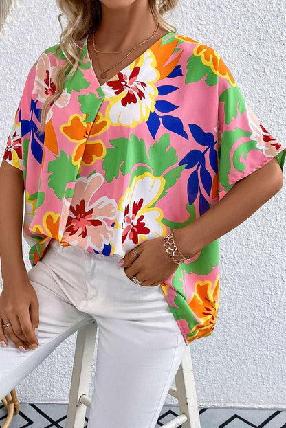 Floral Print V - Neck Short Raglan Sleeve Blouse - VILLA FASHION