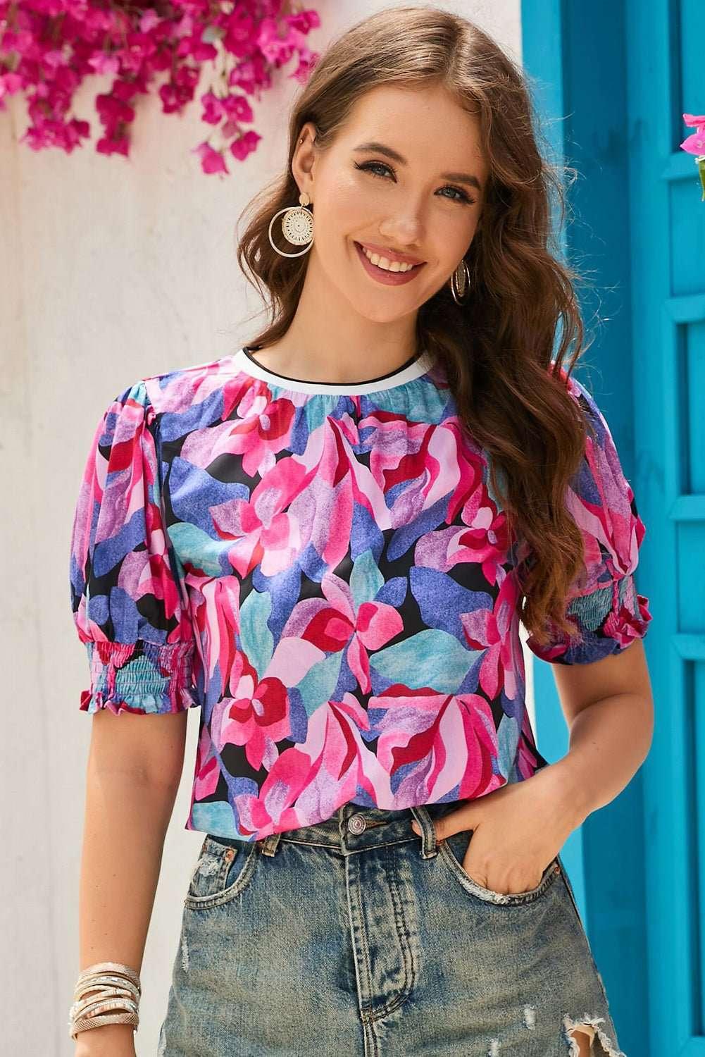 Floral Round Neck Puff Sleeve Top - VILLA FASHION