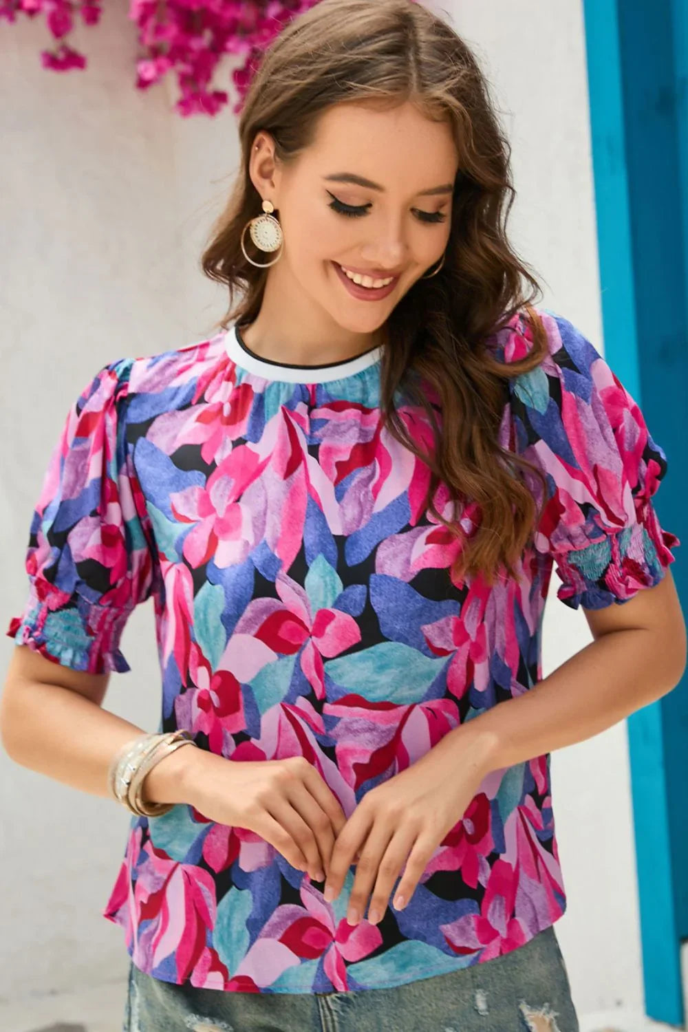 Floral Round Neck Puff Sleeve Top - VILLA FASHION