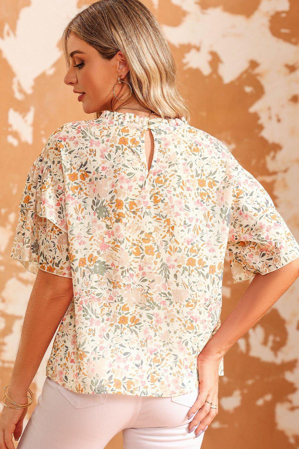 Floral Round Neck Short Sleeve Blouse - VILLA FASHION