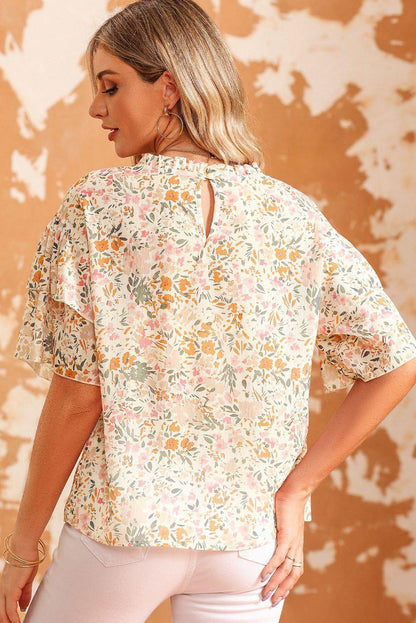 Floral Round Neck Short Sleeve Blouse - VILLA FASHION