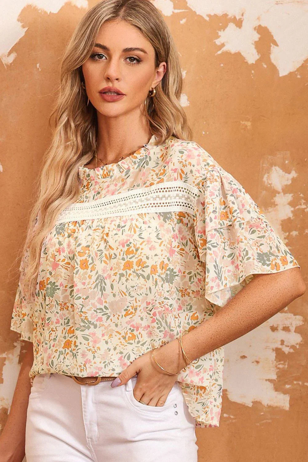 Floral Round Neck Short Sleeve Blouse - VILLA FASHION