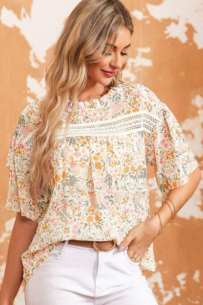 Floral Round Neck Short Sleeve Blouse - VILLA FASHION