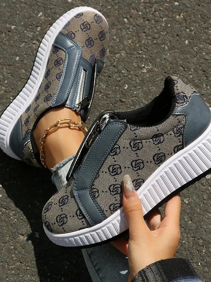 Floral Round Toe Sneakers with Zip - VILLA FASHION