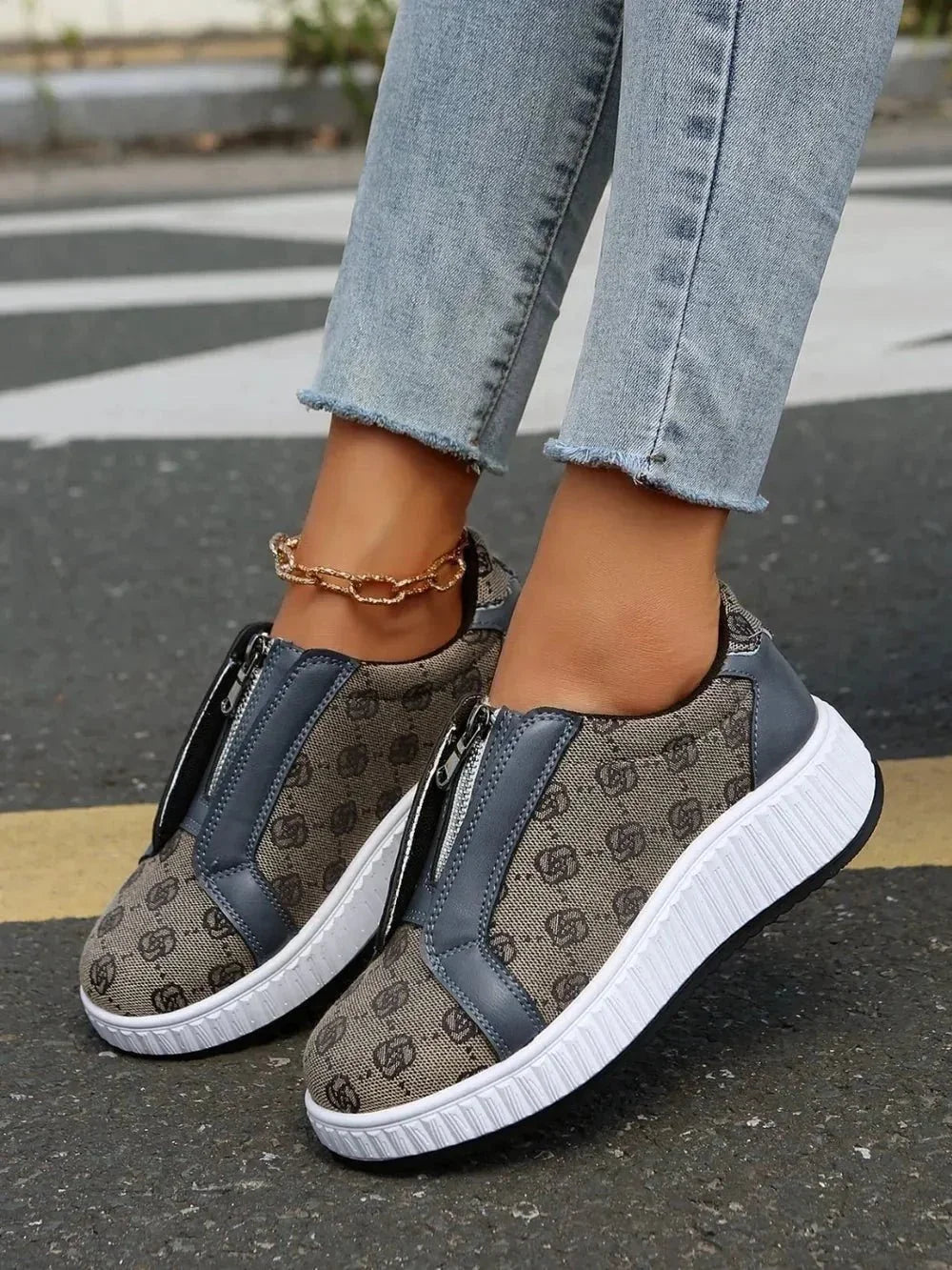 Floral Round Toe Sneakers with Zip - VILLA FASHION