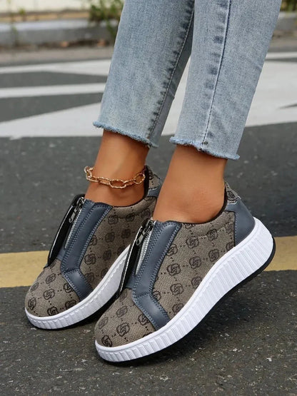 Floral Round Toe Sneakers with Zip - VILLA FASHION