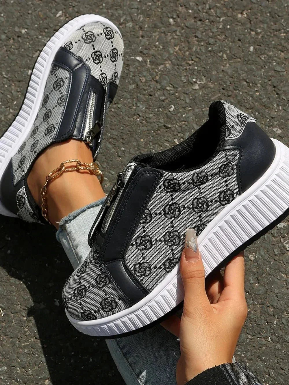 Floral Round Toe Sneakers with Zip - VILLA FASHION