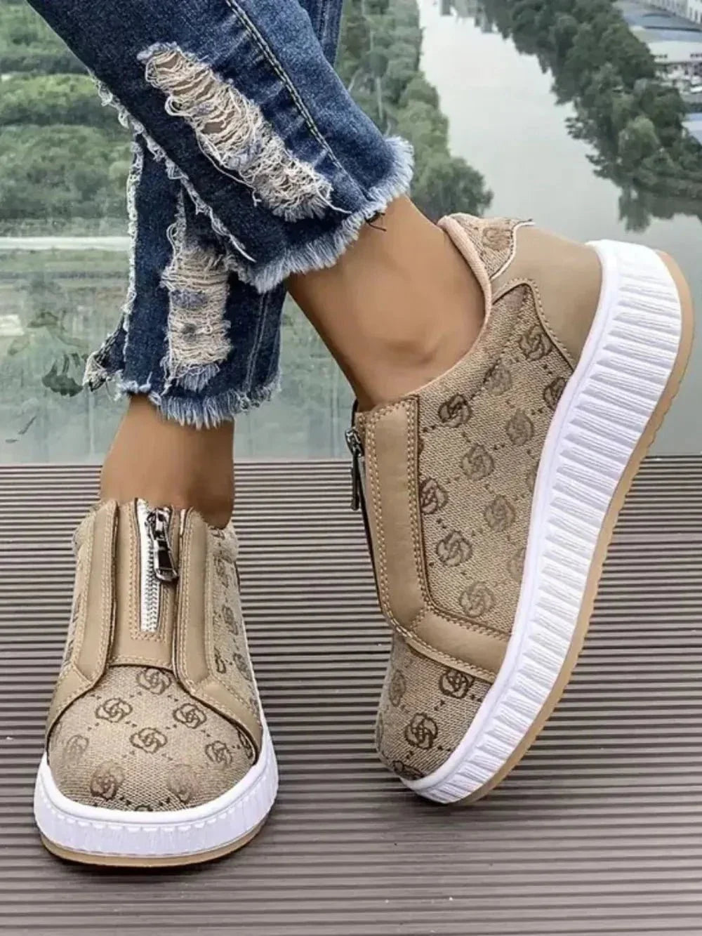 Floral Round Toe Sneakers with Zip - VILLA FASHION