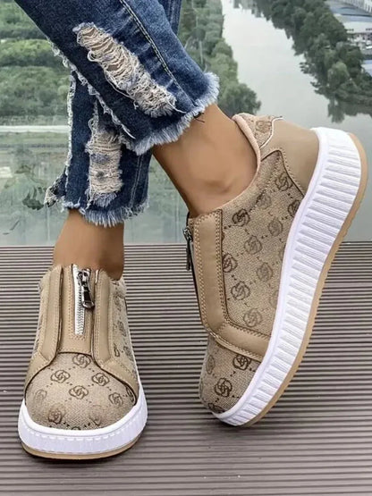 Floral Round Toe Sneakers with Zip - VILLA FASHION