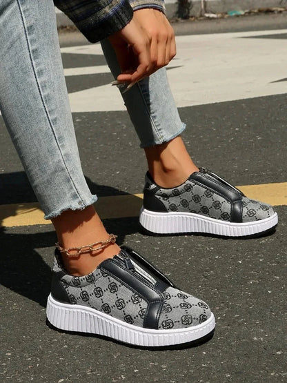 Floral Round Toe Sneakers with Zip - VILLA FASHION