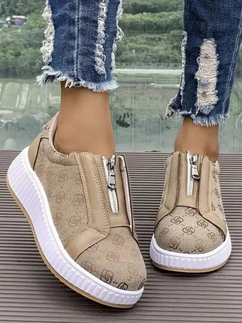 Floral Round Toe Sneakers with Zip - VILLA FASHION