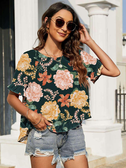 Floral Ruffled Flounce Sleeve Blouse - VILLA FASHION