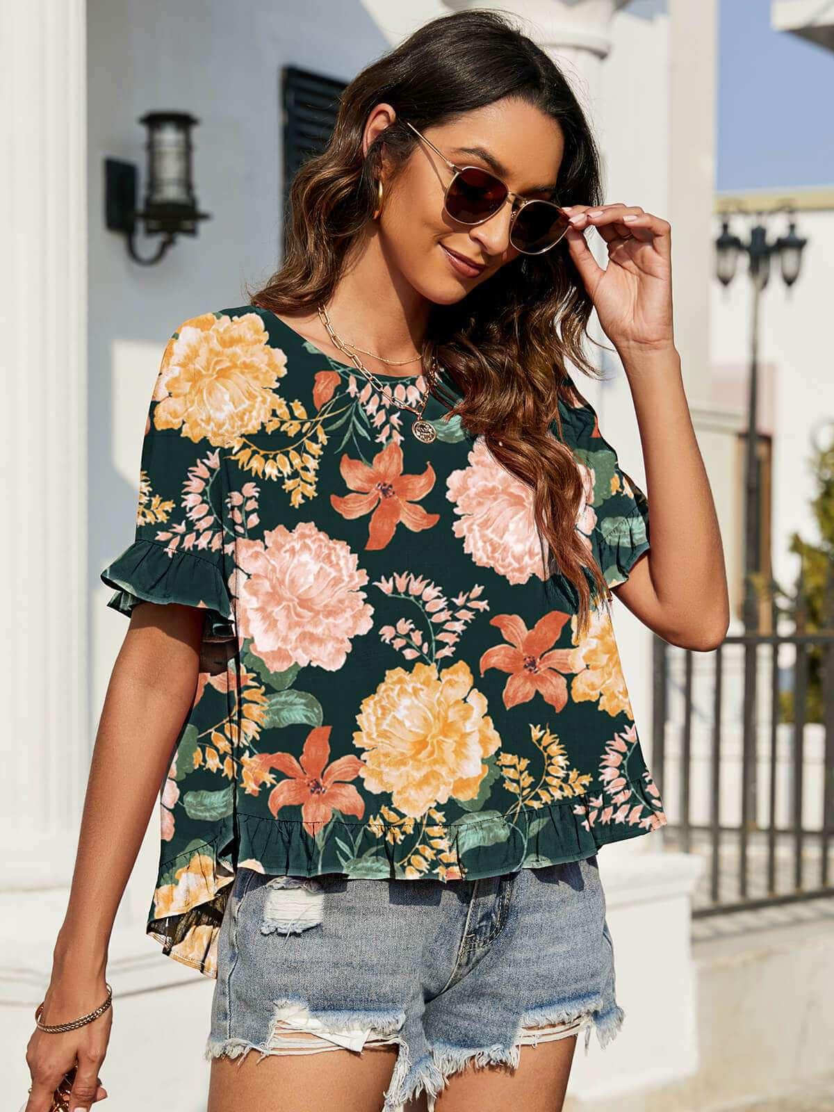 Floral Ruffled Flounce Sleeve Blouse - VILLA FASHION