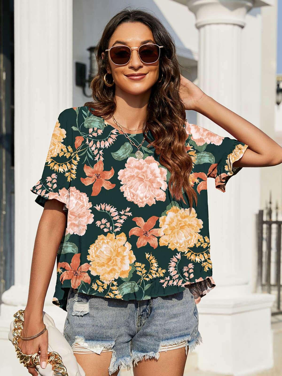 Floral Ruffled Flounce Sleeve Blouse - VILLA FASHION