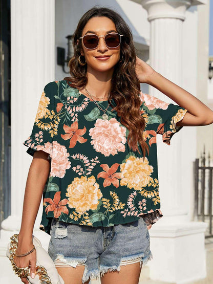 Floral Ruffled Flounce Sleeve Blouse - VILLA FASHION