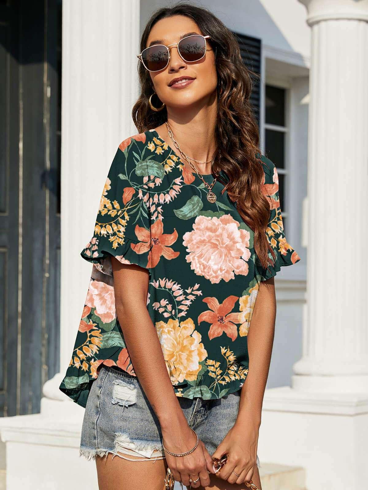 Floral Ruffled Flounce Sleeve Blouse - VILLA FASHION