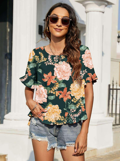 Floral Ruffled Flounce Sleeve Blouse - VILLA FASHION