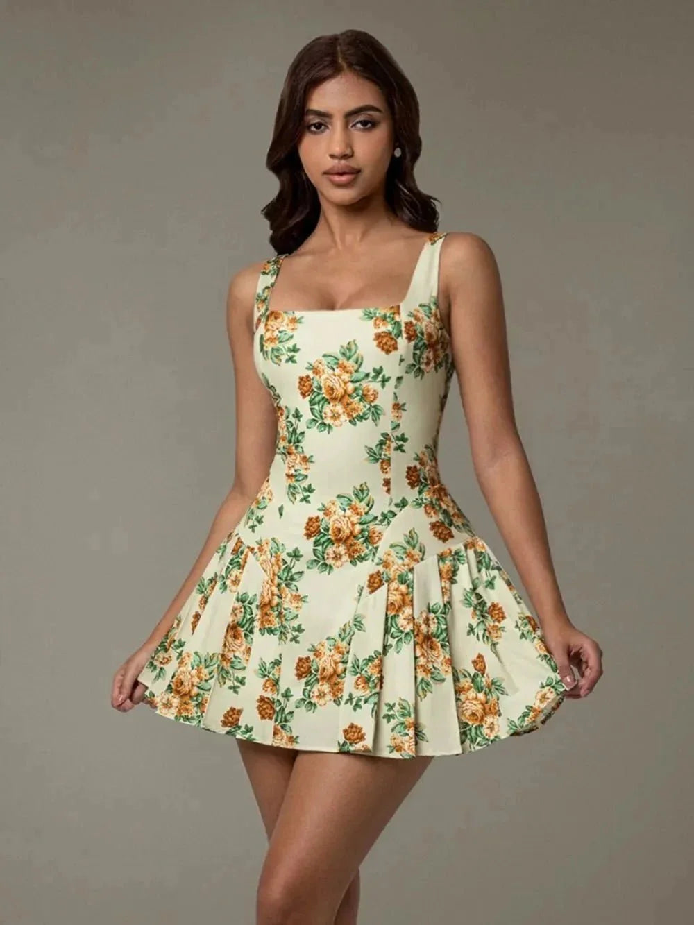 Floral Sleeveless Mini Pleated Dress - VILLA FASHION