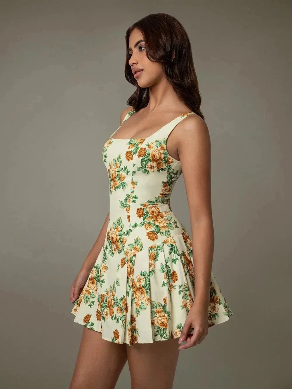 Floral Sleeveless Mini Pleated Dress - VILLA FASHION