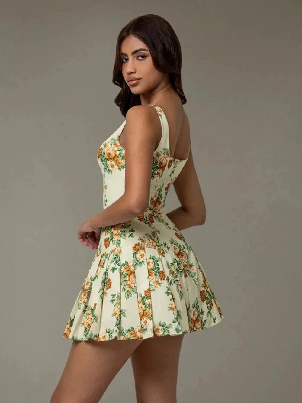 Floral Sleeveless Mini Pleated Dress - VILLA FASHION