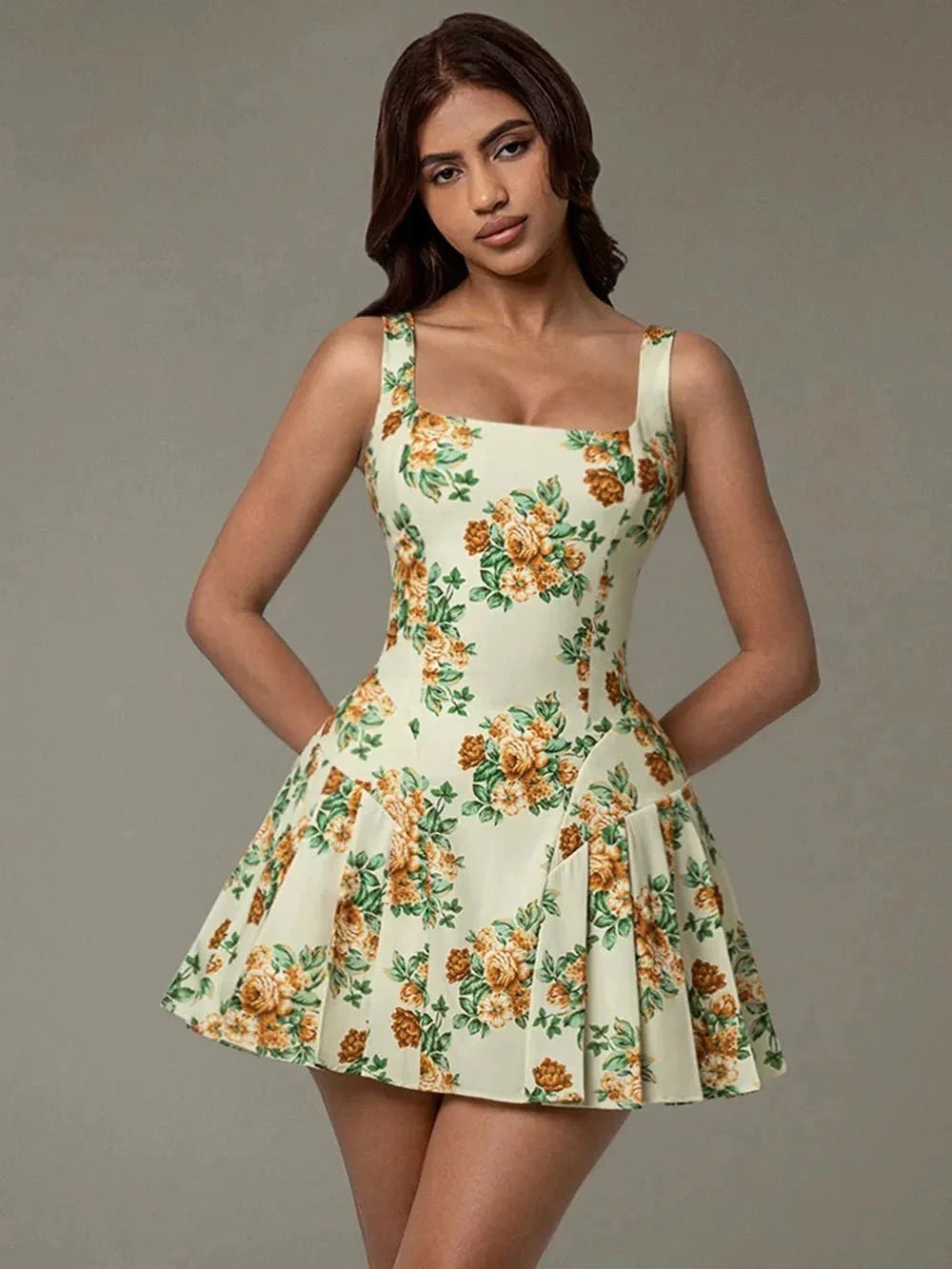 Floral Sleeveless Mini Pleated Dress - VILLA FASHION
