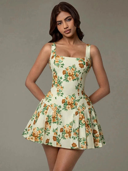 Floral Sleeveless Mini Pleated Dress - VILLA FASHION
