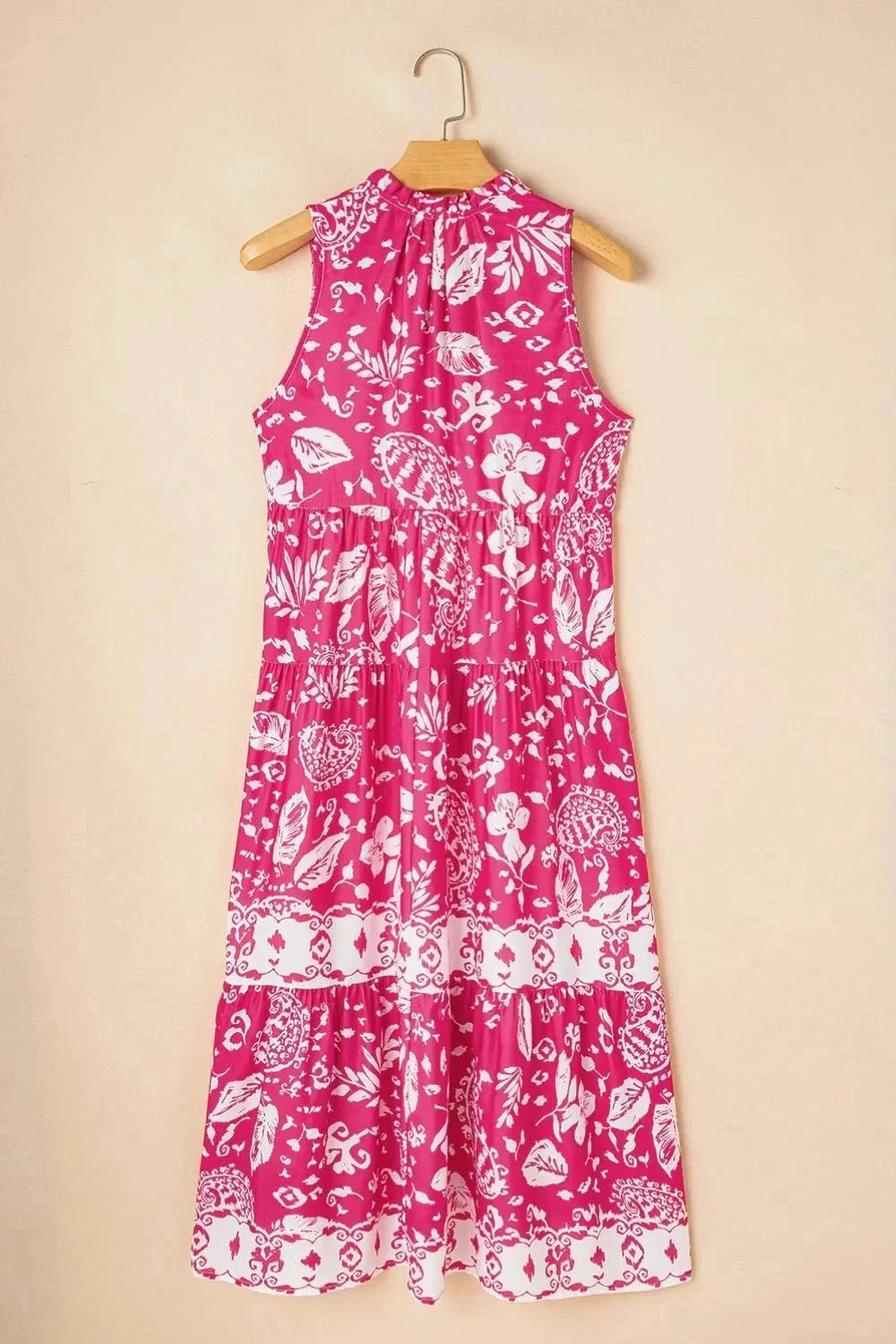 Floral Sleeveless Tasseled Tie Neck Tiered Midi Dress - VILLA FASHION