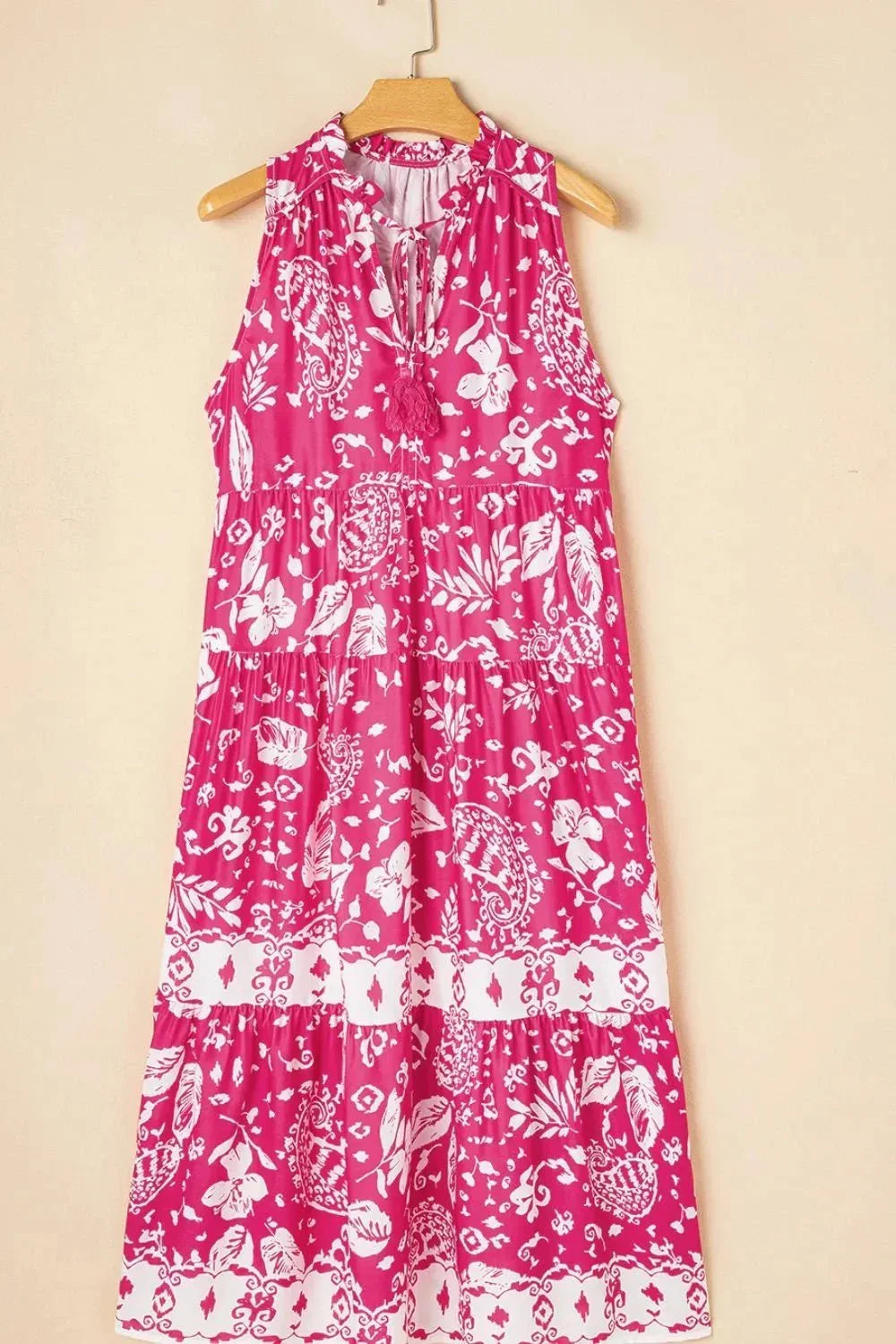 Floral Sleeveless Tasseled Tie Neck Tiered Midi Dress - VILLA FASHION