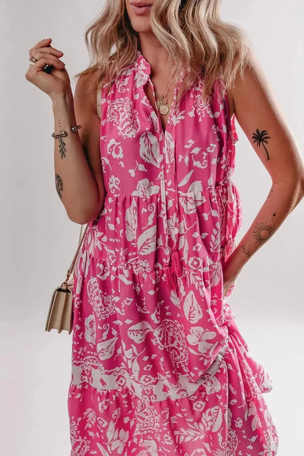 Floral Sleeveless Tasseled Tie Neck Tiered Midi Dress - VILLA FASHION