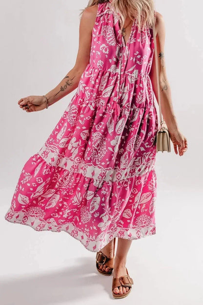 Floral Sleeveless Tasseled Tie Neck Tiered Midi Dress - VILLA FASHION