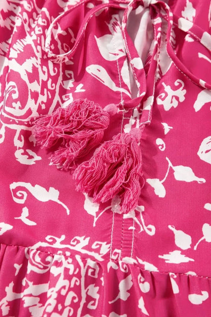 Floral Sleeveless Tasseled Tie Neck Tiered Midi Dress - VILLA FASHION