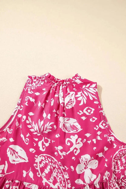 Floral Sleeveless Tasseled Tie Neck Tiered Midi Dress - VILLA FASHION