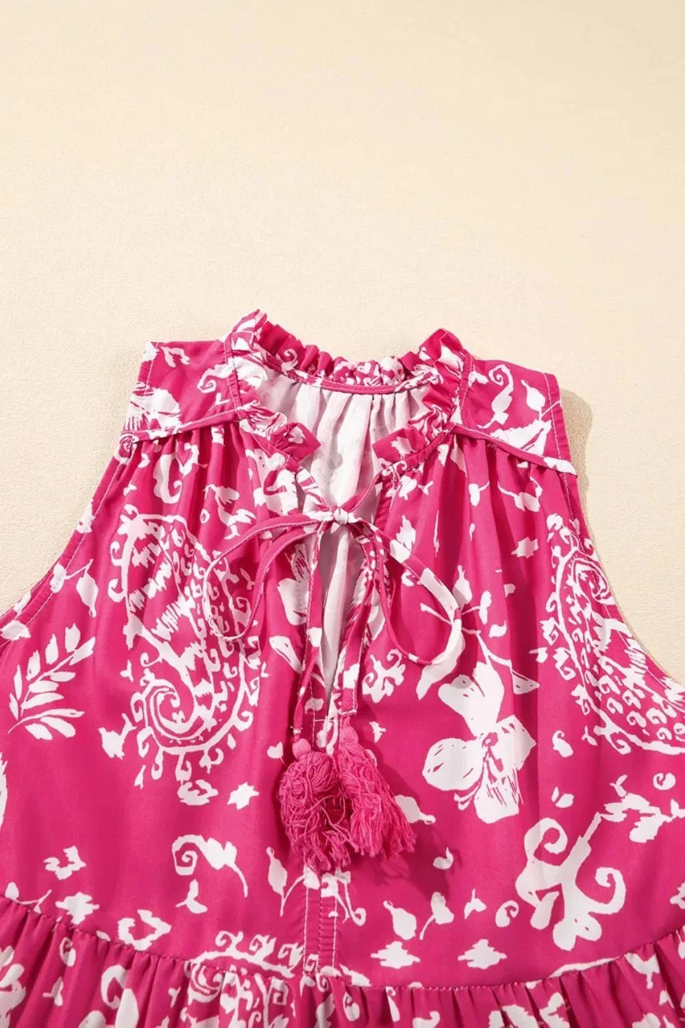 Floral Sleeveless Tasseled Tie Neck Tiered Midi Dress - VILLA FASHION