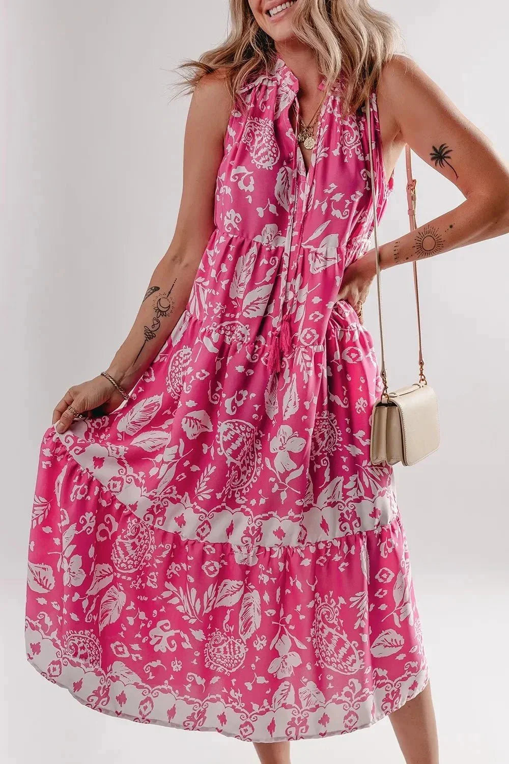 Floral Sleeveless Tasseled Tie Neck Tiered Midi Dress - VILLA FASHION