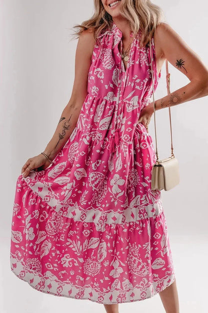 Floral Sleeveless Tasseled Tie Neck Tiered Midi Dress - VILLA FASHION