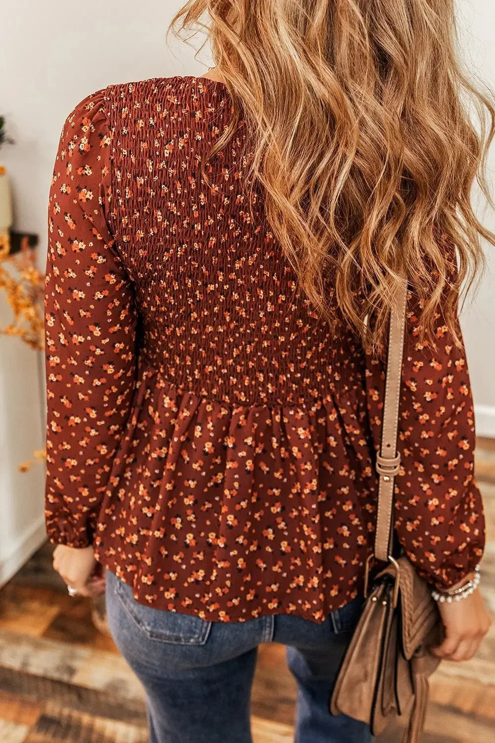Floral Smocked Ruffle Hem Long Sleeve Blouse - VILLA FASHION