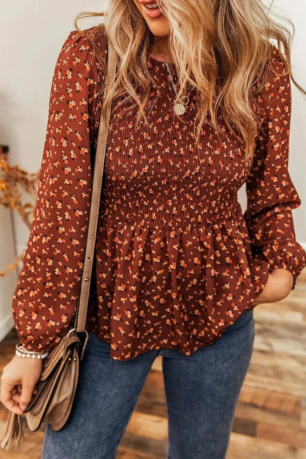Floral Smocked Ruffle Hem Long Sleeve Blouse - VILLA FASHION