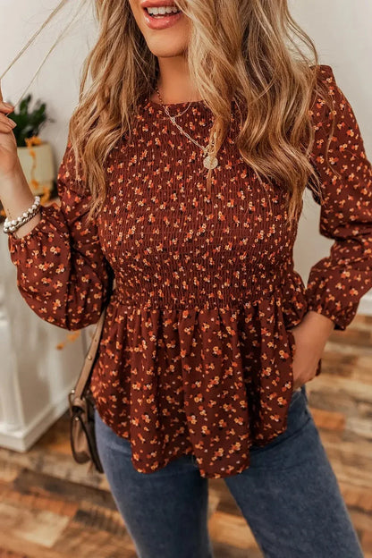 Floral Smocked Ruffle Hem Long Sleeve Blouse - VILLA FASHION
