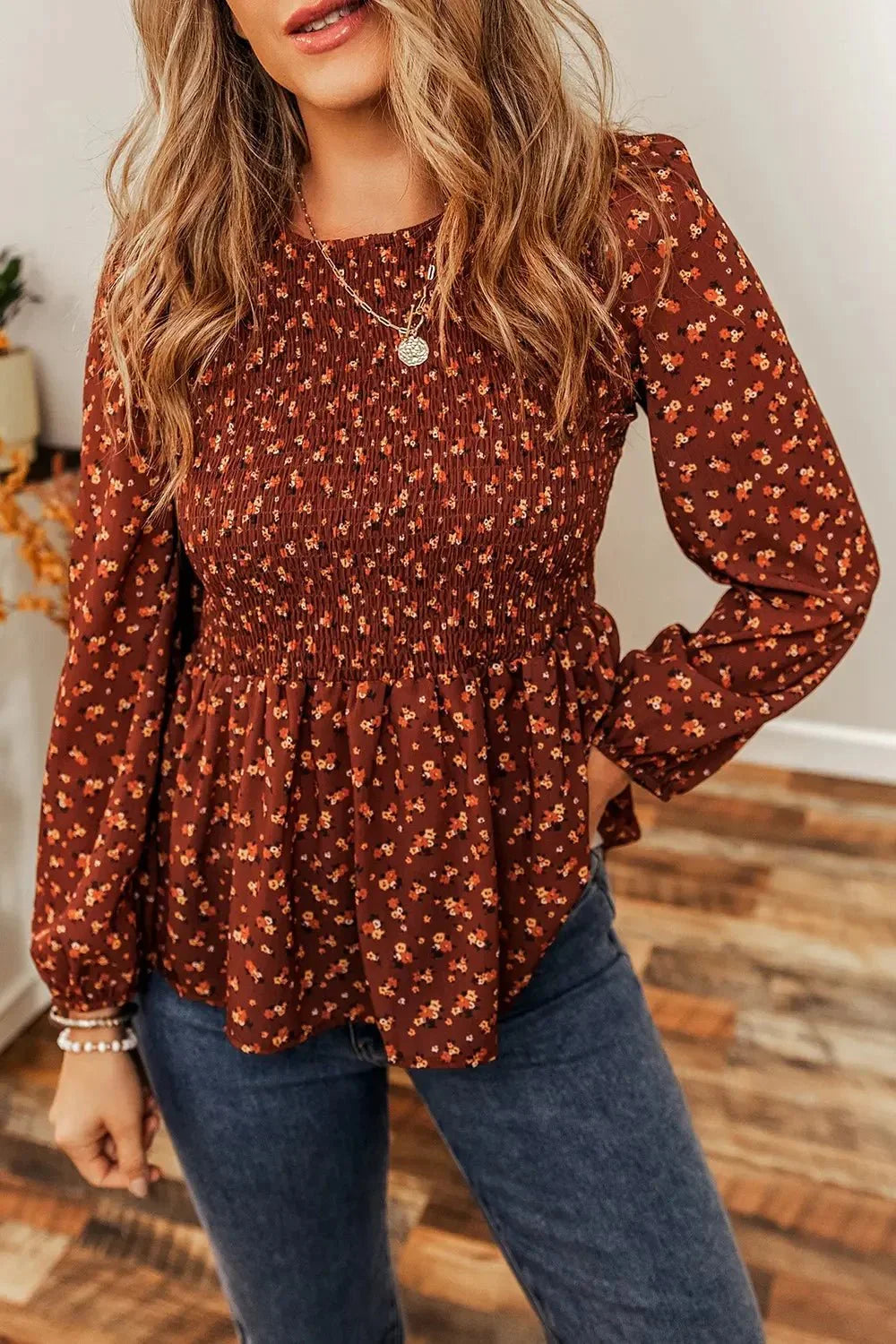 Floral Smocked Ruffle Hem Long Sleeve Blouse - VILLA FASHION