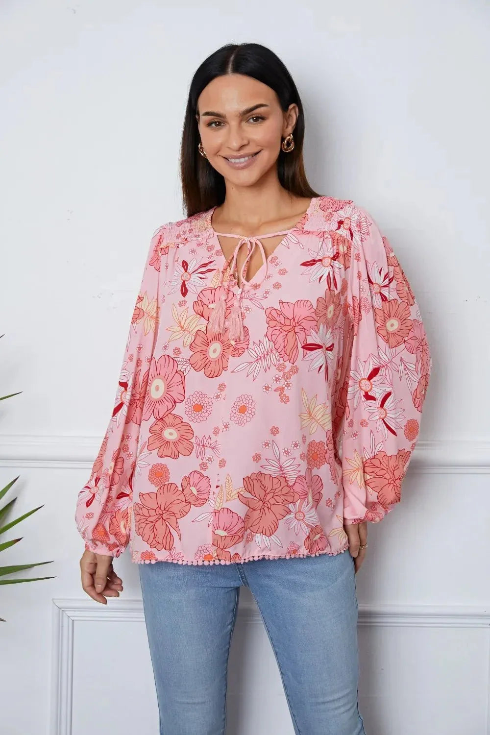 Floral Smocked Tassel Tie Balloon Sleeve Blouse - VILLA FASHION